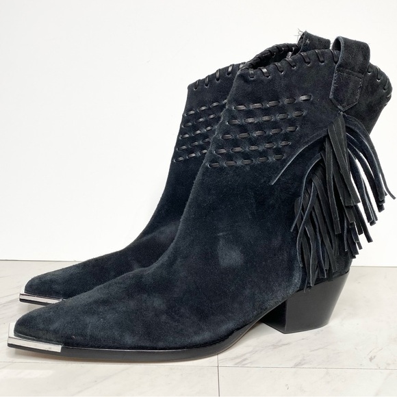 New! Schutz Alexxa Black Suede Fringe Western Bootie 6 1/2 - Picture 1 of 13